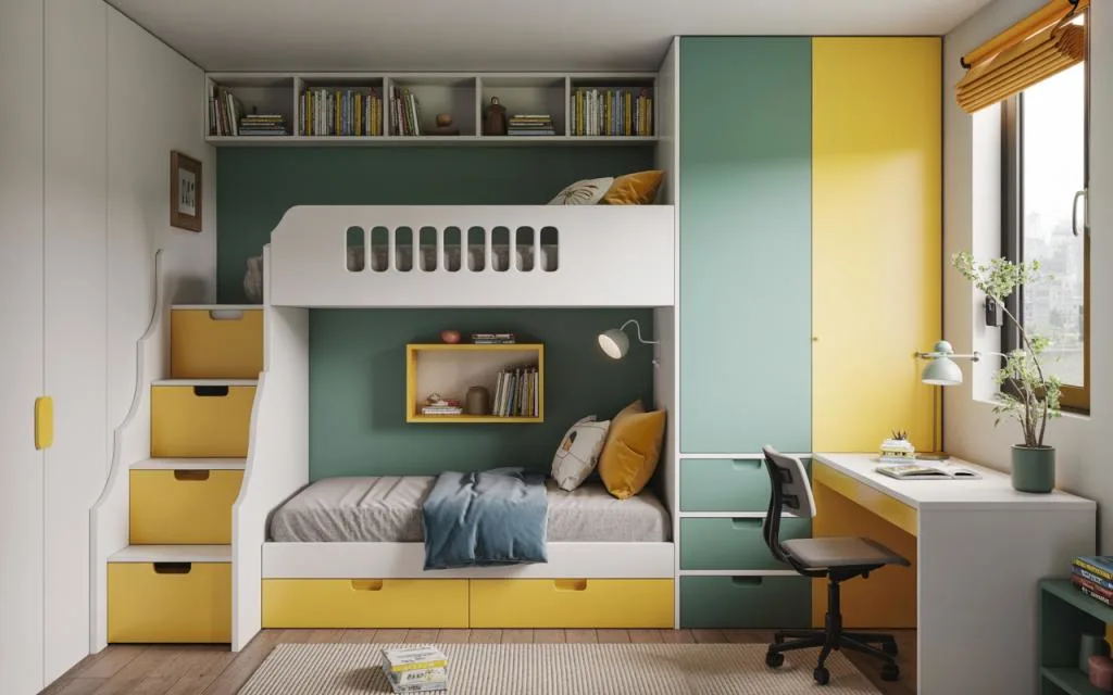 Modern kids' bedroom interior in Indore featuring a bunk bed, study desk, colorful storage, and built-in stairs.