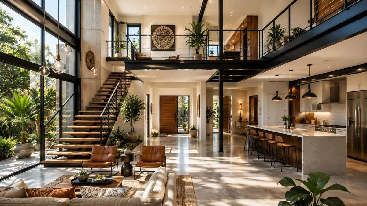 Luxury double-height living room interior in Indore featuring a modern staircase, mezzanine floor, and open kitchen.