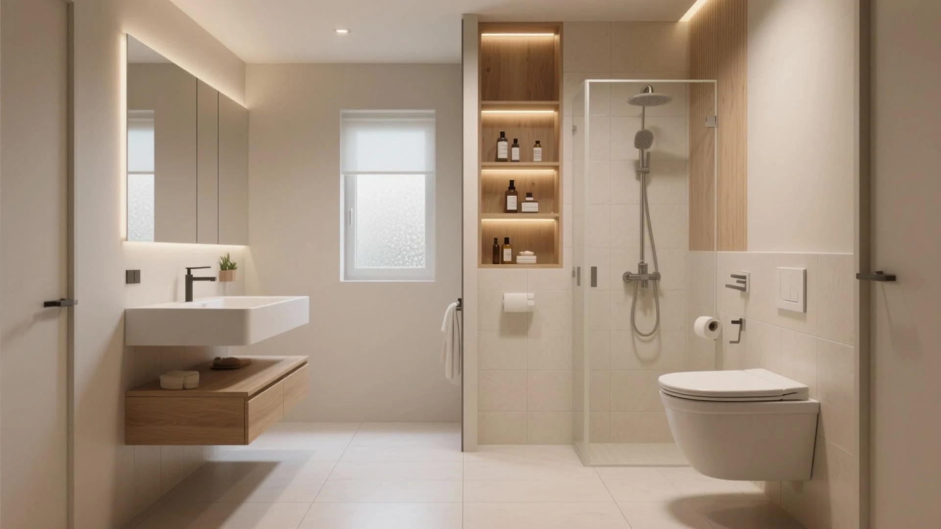 Modern minimalist bathroom interior in Indore featuring a floating vanity, glass shower enclosure, and wall-hung toilet.