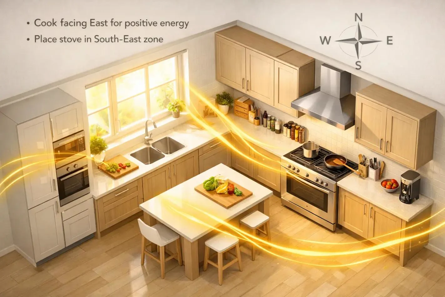 Modern kitchen interior in Indore featuring wooden cabinets, a central island, and Vastu guidelines for stove placement.