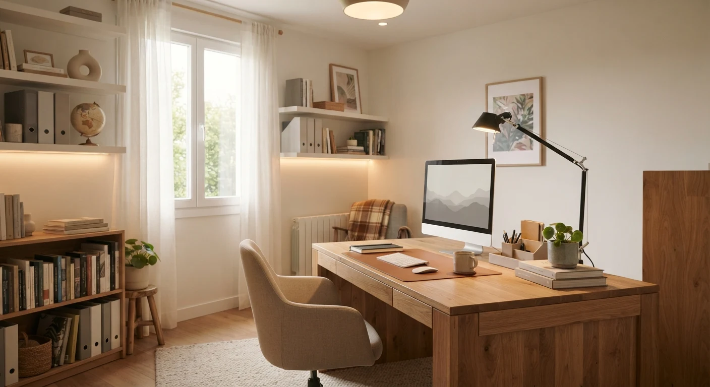 Cozy modern home office interior in Indore featuring a wooden desk, upholstered chair, bookshelves, and soft natural light.