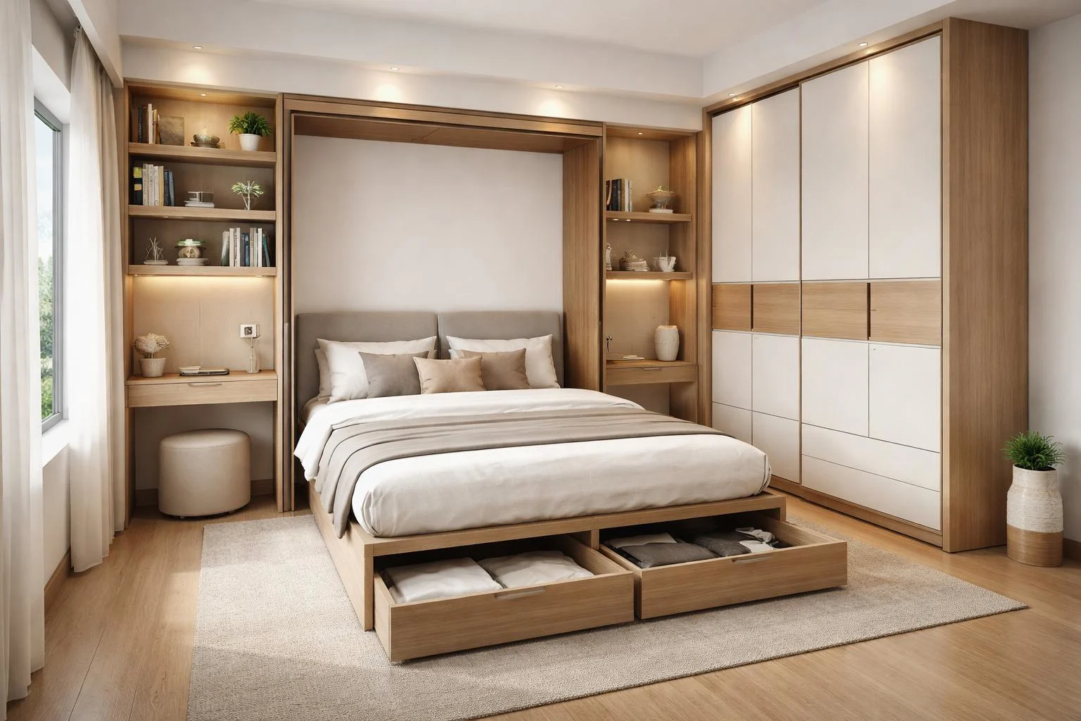 Modern space-saving Murphy bed interior in Indore featuring built-in wardrobes, study nooks, and under-bed storage.