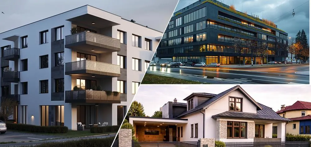 Architectural portfolio showcase in Indore featuring modern apartment buildings, commercial spaces, and residential homes.
