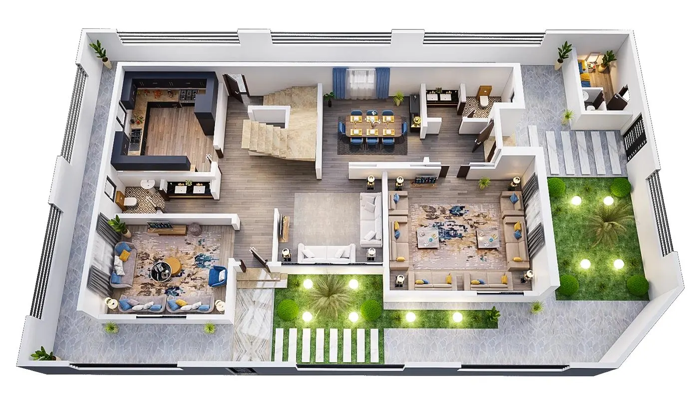 Luxury 3D house floor plan in Indore featuring spacious living areas, a modular kitchen, dining space, and a landscaped garden.