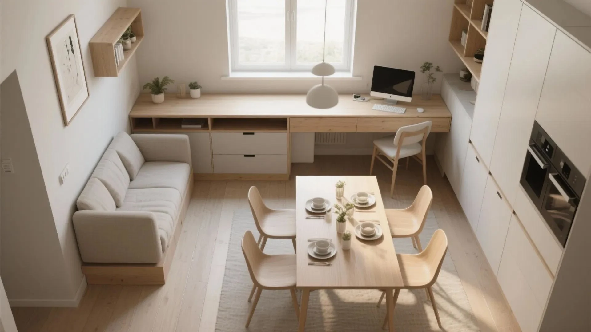 Modern multi-functional small apartment interior in Indore featuring a sofa, dining table, desk workspace, and built-in storage.