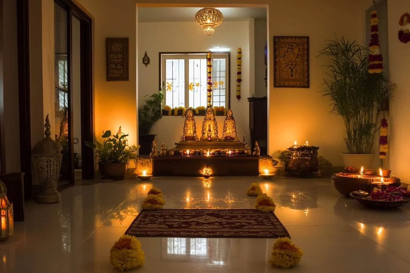 Traditional Indian home temple interior in Indore featuring divine idols, oil lamps, marigold flowers, and warm lighting.