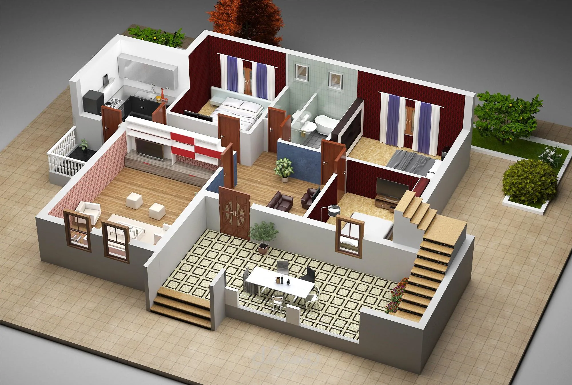 3D residential floor plan in Indore featuring multiple bedrooms, bathrooms, a living room, dining area, and a modular kitchen.
