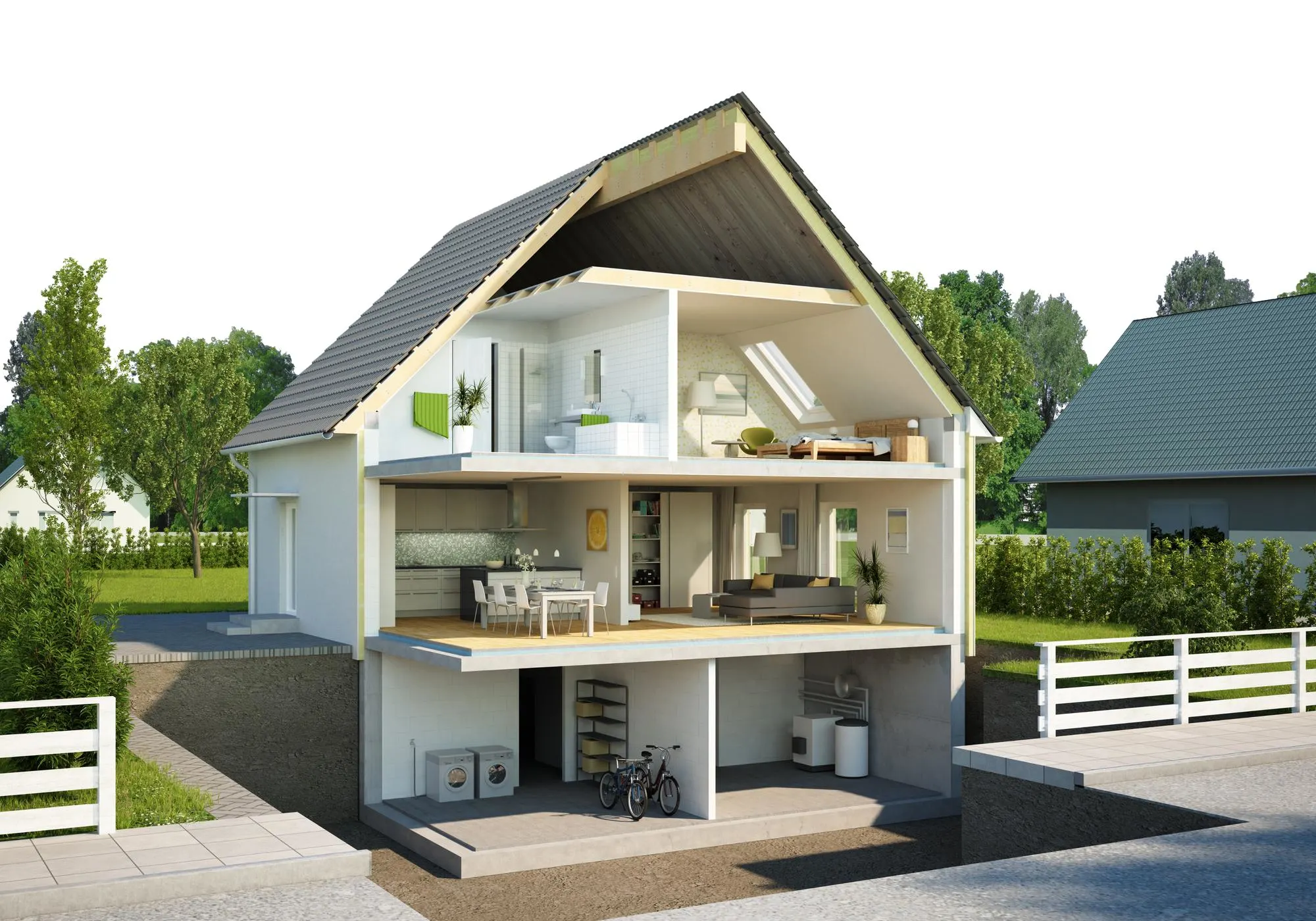 Multi-level house cross-section in Indore showing a basement garage, ground floor living spaces, and upper bedrooms.