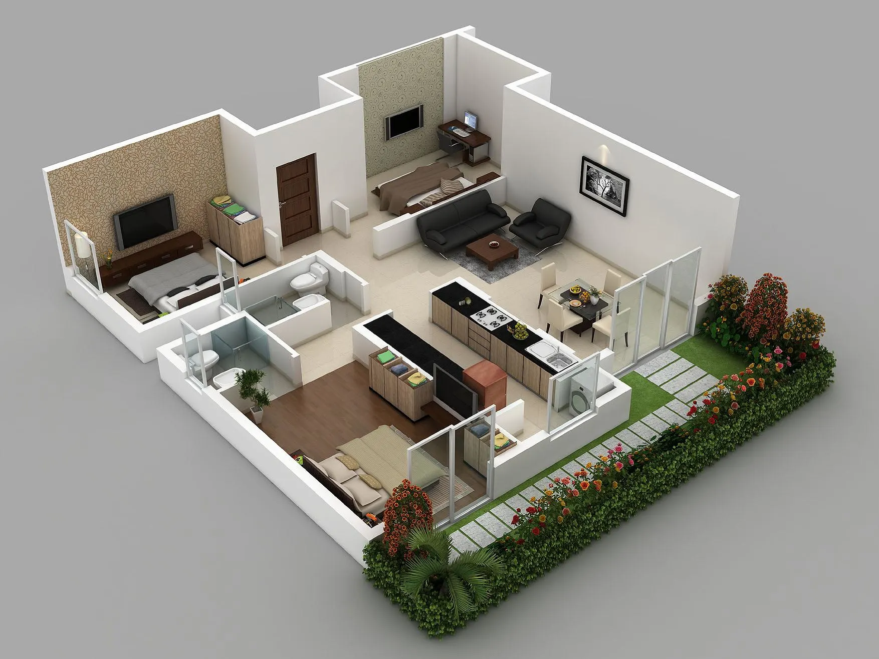 3D residential apartment floor plan in Indore featuring bedrooms, a modular kitchen, living room, and a garden view.