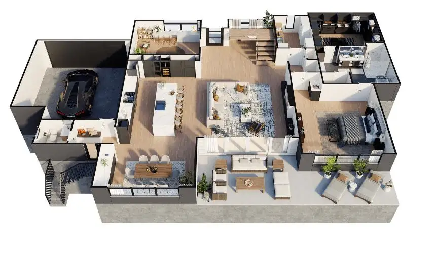 3D luxury modern villa floor plan in Indore featuring a garage, master bedroom, open-concept kitchen, and outdoor patio.