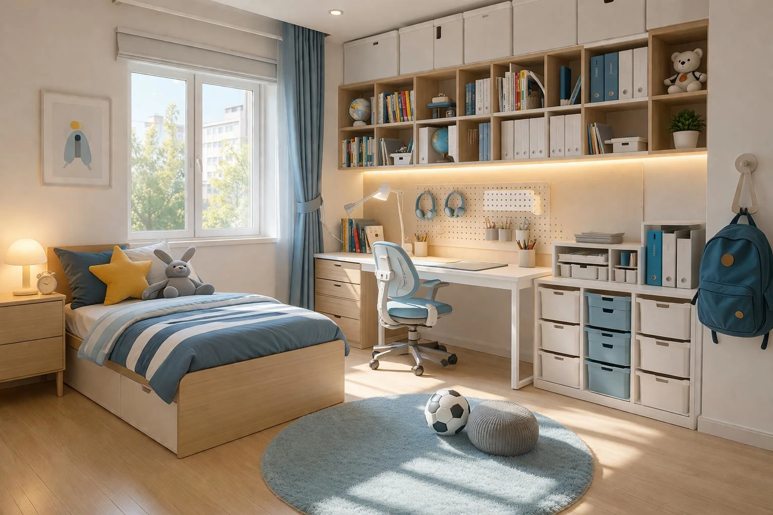 Modern kids' bedroom and study room interior in Indore featuring a single bed, study desk, and extensive wall storage.