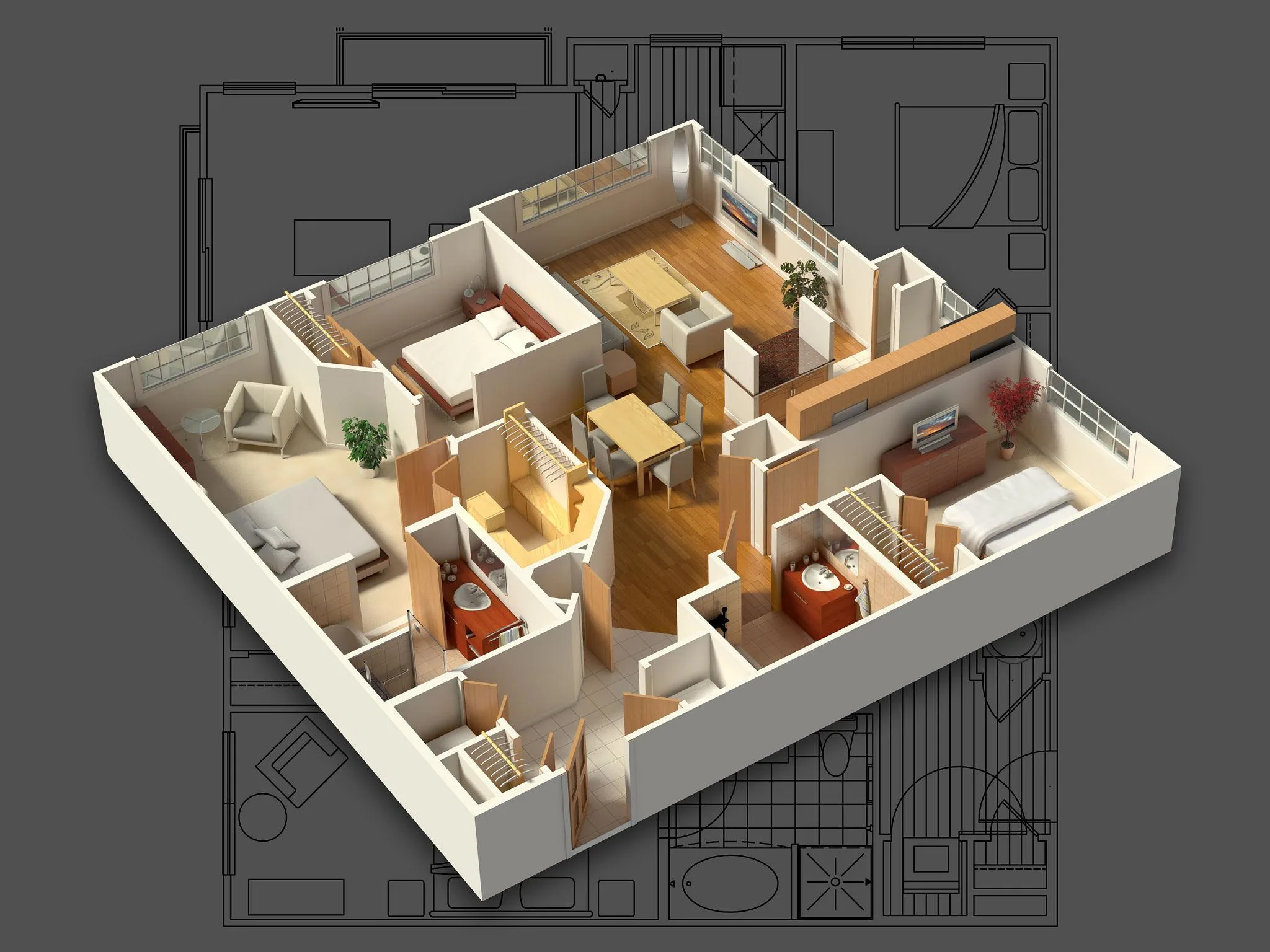 3D apartment floor plan in Indore featuring multiple bedrooms, bathrooms, a living room, and architectural blueprints.