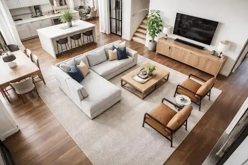 Modern open-concept living room and kitchen interior in Indore featuring a sectional sofa, TV unit, and dining space.
