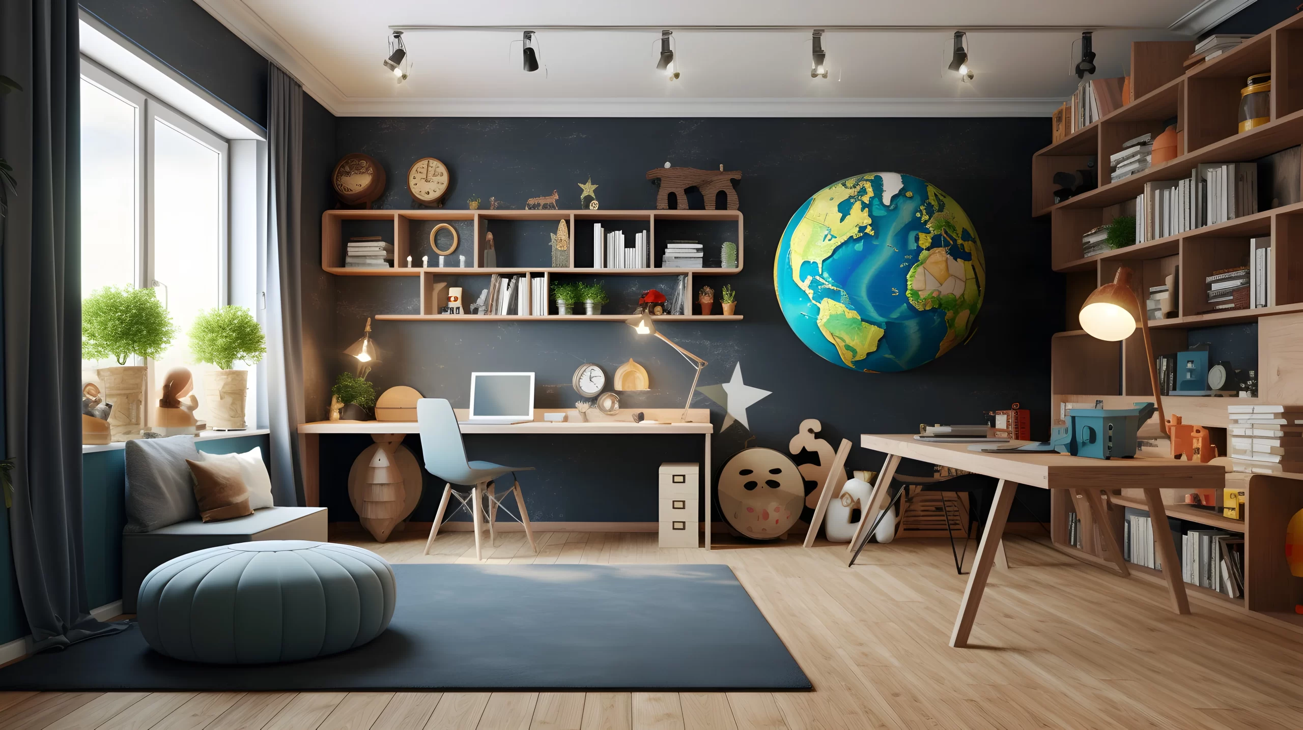 Modern children's study room interior in Indore featuring a dark accent wall, a large globe wall decor, desks, and bookshelves.