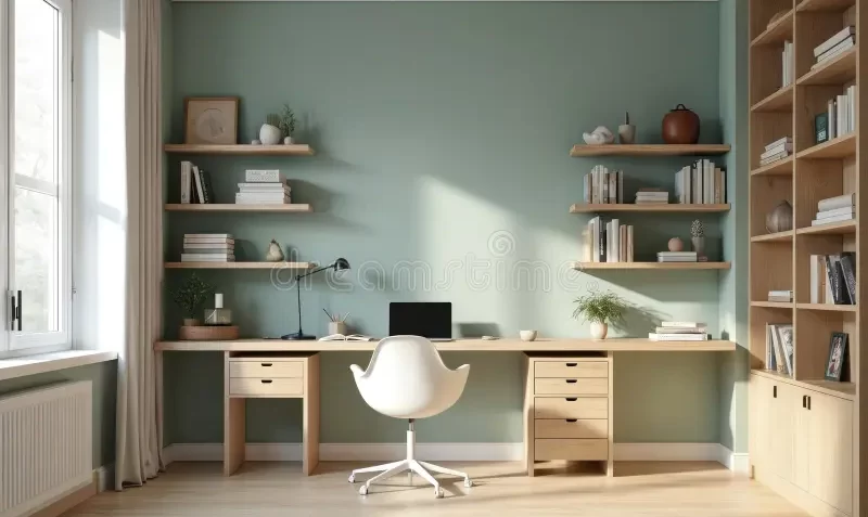 Modern home office interior in Indore featuring sage green walls, a long wooden desk, floating shelves, and a tall bookcase.