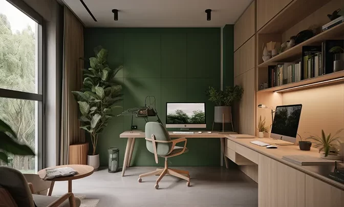 Modern home office interior in Indore featuring dark green accent walls, wooden desks, dual workstations, and built-in shelving.