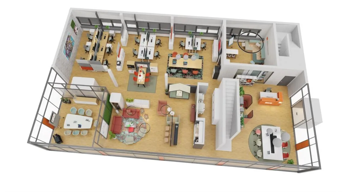 3D office floor plan and layout design in Indore featuring workstation clusters, meeting rooms, and breakout zones.