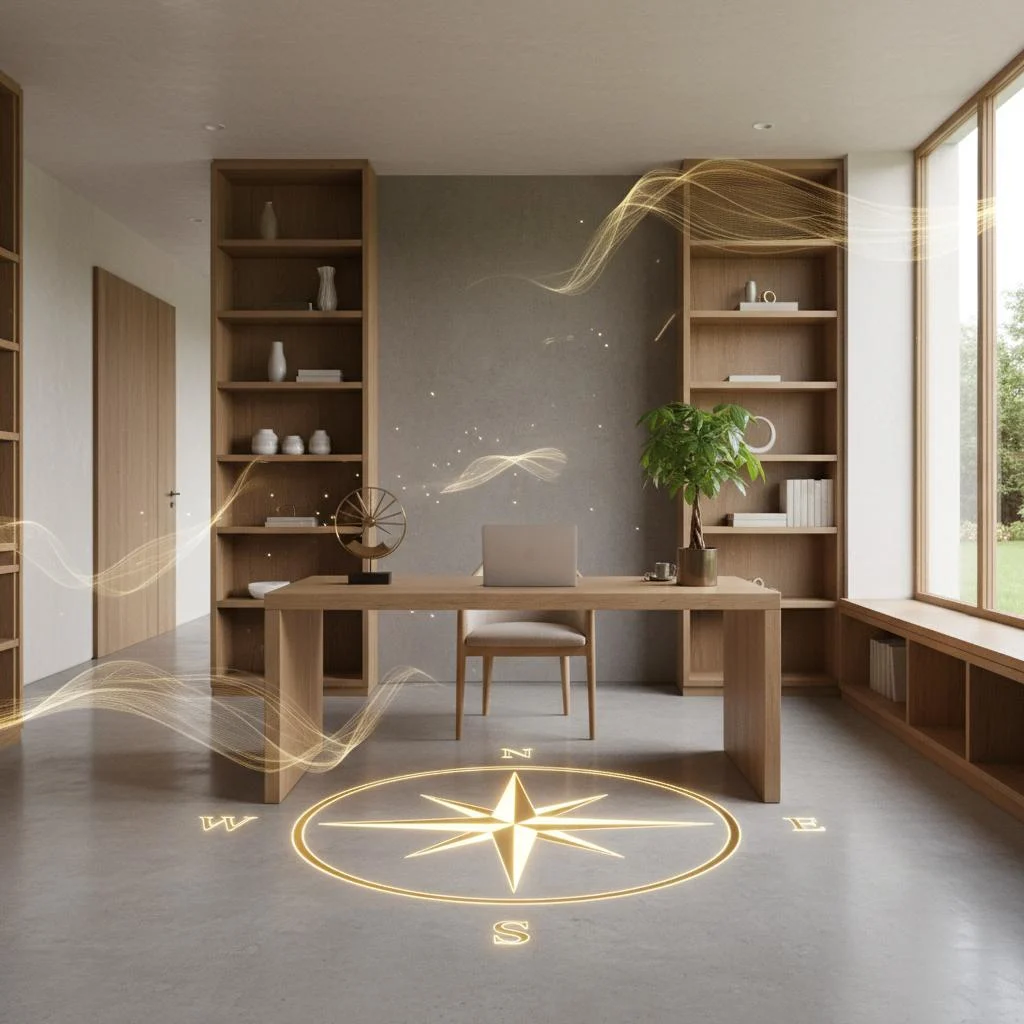 Modern home office interior in Indore featuring a wooden desk, built-in bookshelves, and an illuminated Vastu compass inlay.
