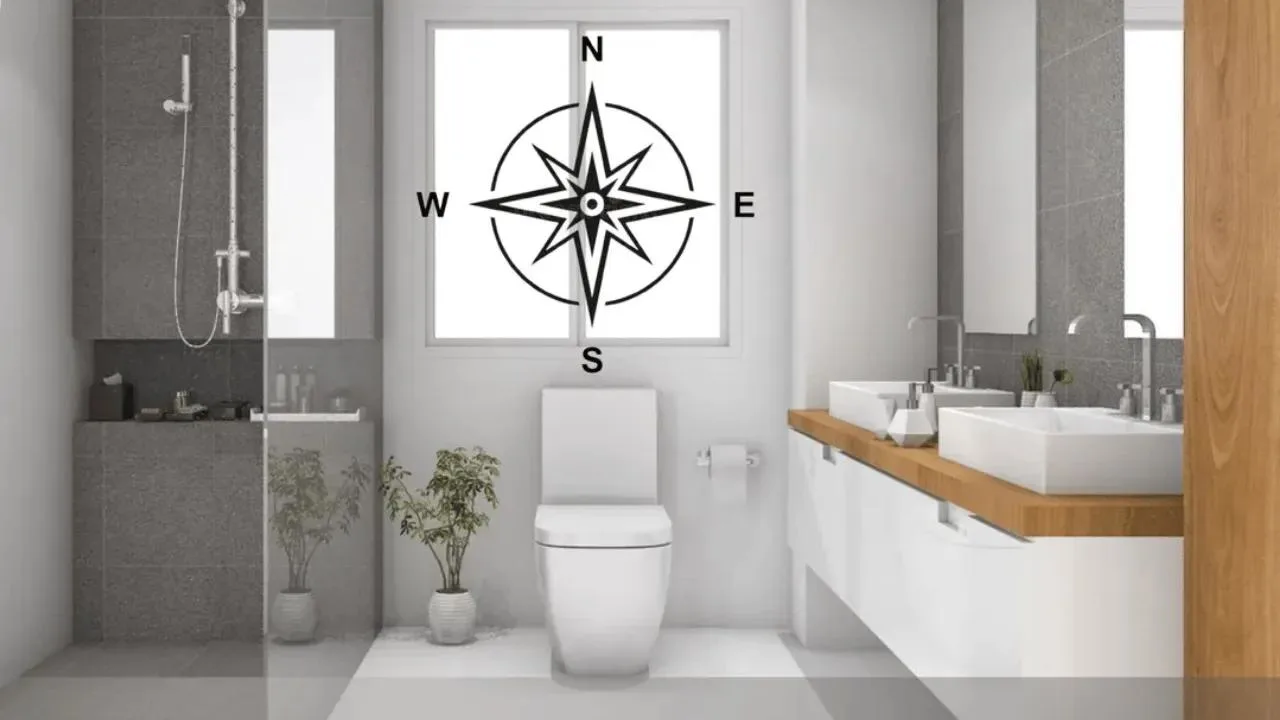 Modern bathroom interior in Indore featuring dual vessel sinks, a toilet, grey tiles, and a window with a Vastu compass graphic.
