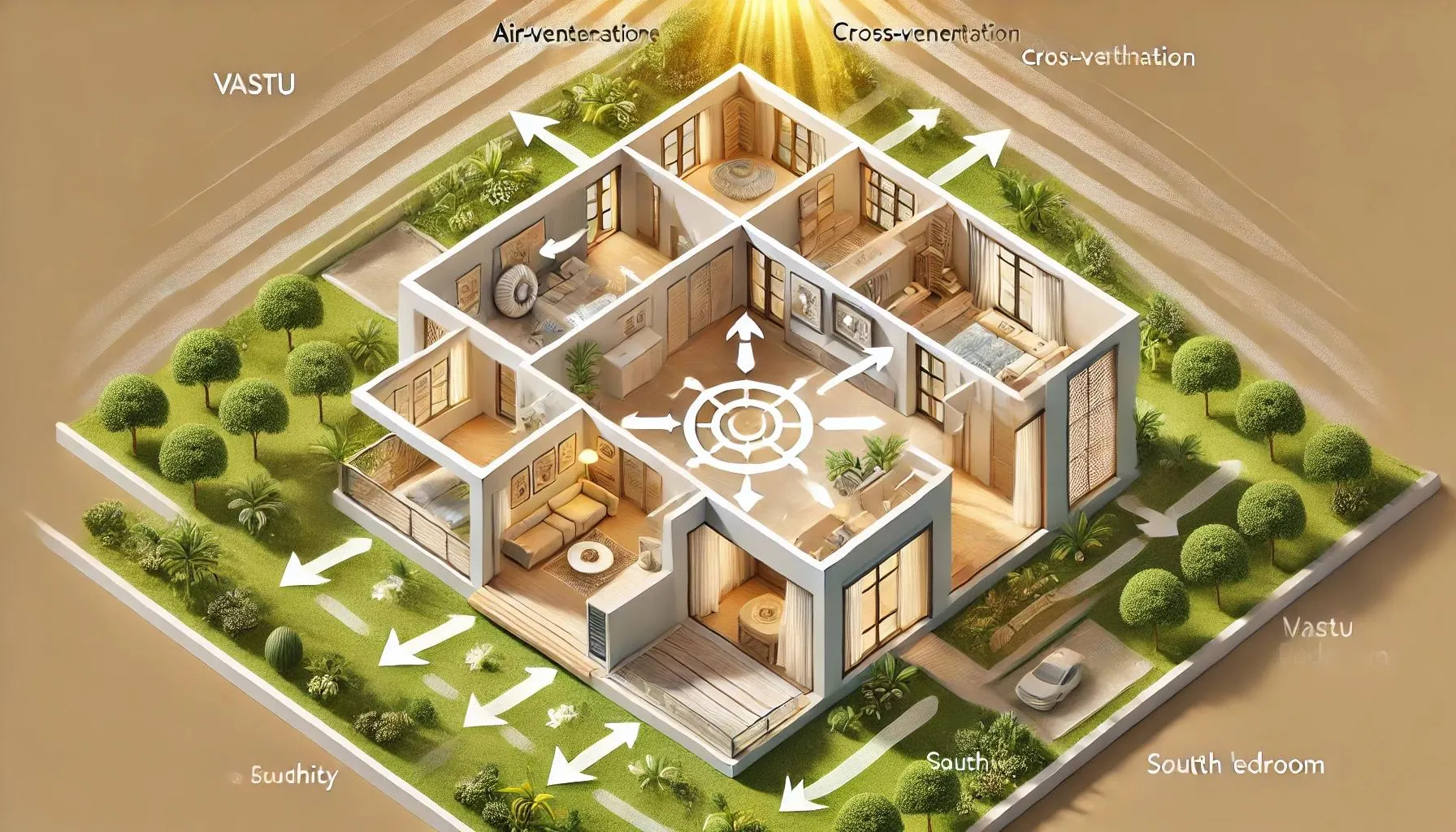 Vastu-compliant architectural house floor plan in Indore featuring natural cross-ventilation and directional zoning.
