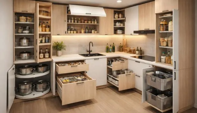 Modern modular kitchen interior in Indore featuring pull-out pantry units, corner carousels, and smart drawer storage.